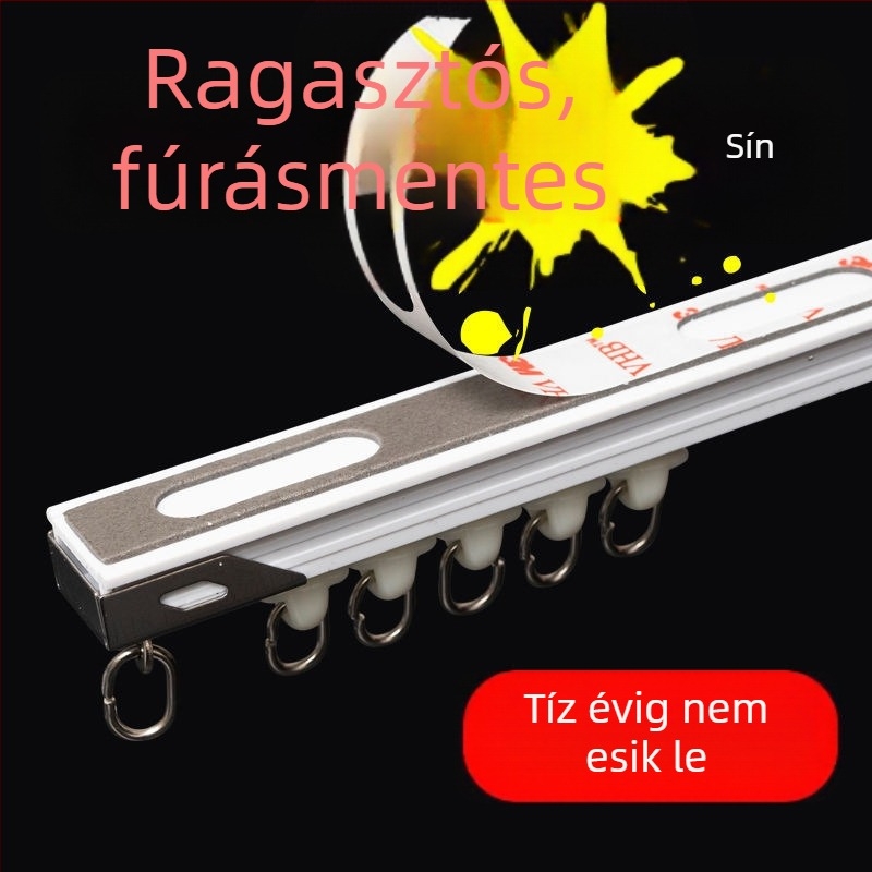 Fúrás nélküli függöny sín, csúszó sín és görgő, ragasztott sínvezető, mennyezetre vagy oldalsó szerelés, egy- vagy kettős