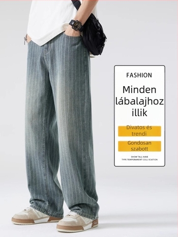 Férfi farmer csillagos ég mintával, egyenes szabású, lazán széles szárú, amerikai utcai stílus