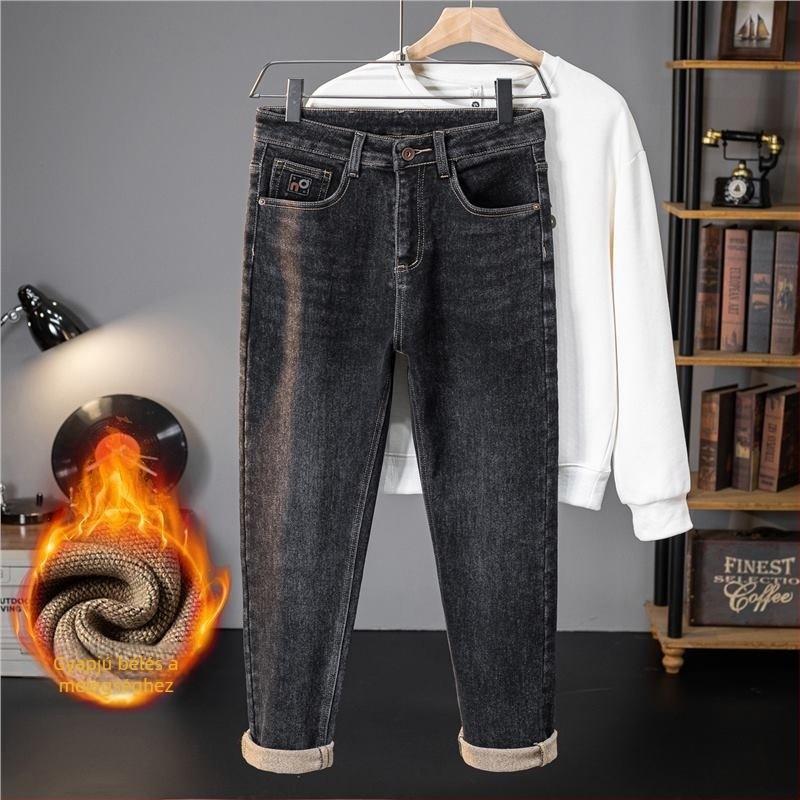 Férfi farmernadrág fleece-béléssel, elasztikus, egyenes szabású, hímzéssel, őszi-téli