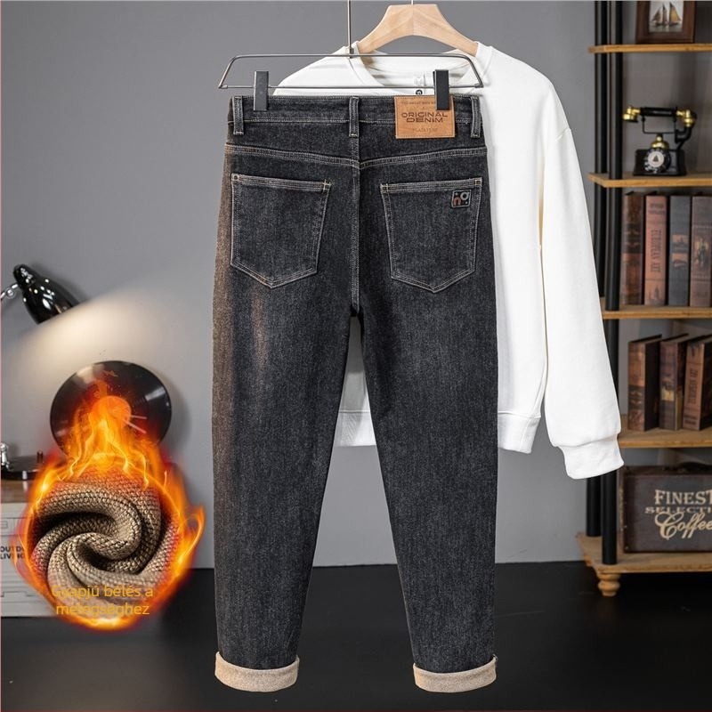 Férfi farmernadrág fleece-béléssel, elasztikus, egyenes szabású, hímzéssel, őszi-téli