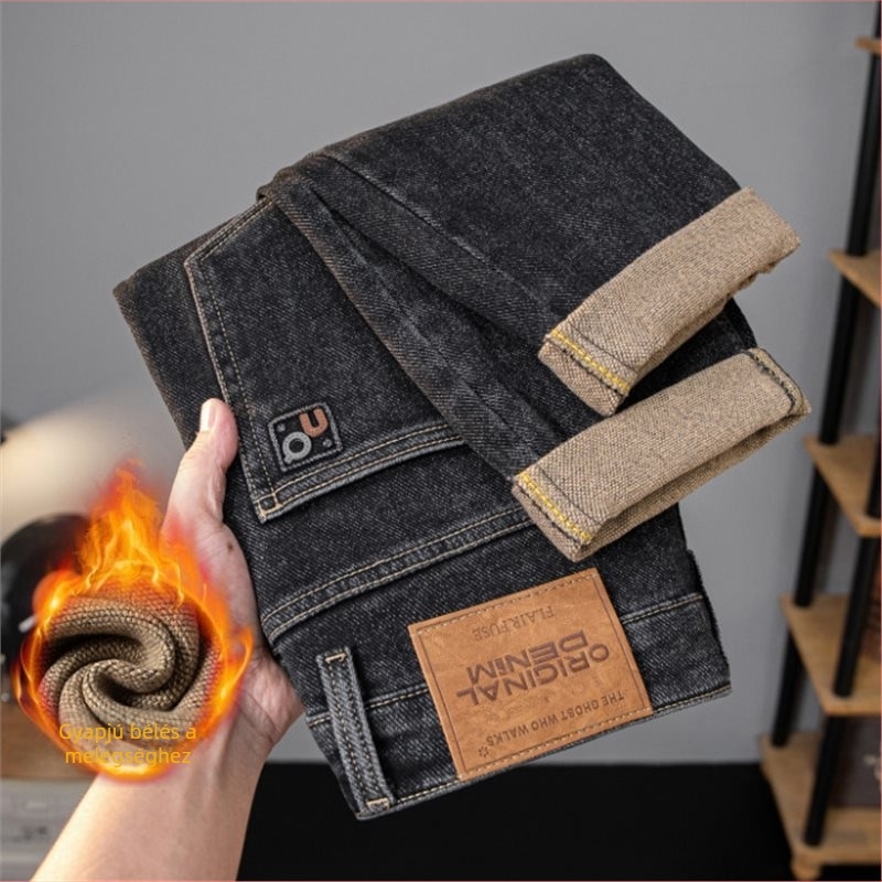 Férfi farmernadrág fleece-béléssel, elasztikus, egyenes szabású, hímzéssel, őszi-téli
