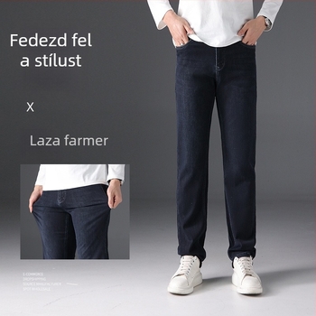Férfi sötétkék egyenes szárú farmer, tavasz 2026, divatos, kiváló minőségű, elasztikus, lazább szabás