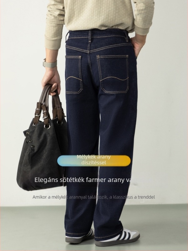 Felsőkategóriás sötétkék denim férfi farmer arany szegéllyel, hétköznapi stílus, egyenes szabás, légáteresztő, 2026 ősz-tél