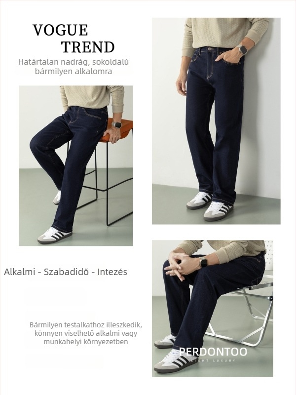 Felsőkategóriás sötétkék denim férfi farmer arany szegéllyel, hétköznapi stílus, egyenes szabás, légáteresztő, 2026 ősz-tél