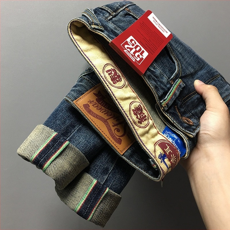 Vintage kék farmernadrág férfiaknak, 15 oz súlyú, magas minőség, enyhén laza egyenes szabás, hosszú nadrág