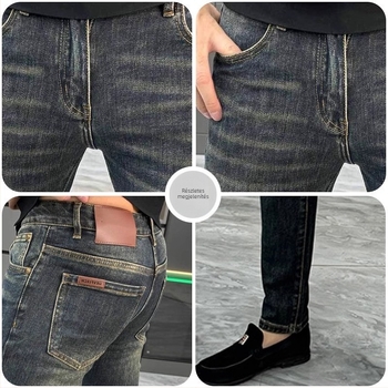 Férfiaknak európai stílusú farmernadrág, slim fit, mosott denim, keskeny szárú, őszi-téli divat