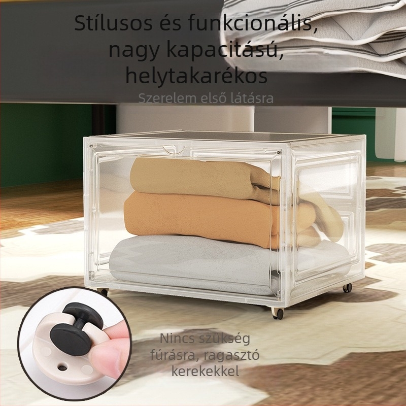 Ágy alatti tárolóedény, sík, átlátszó vastagított műanyagból, nagy kapacitású, diákszobához