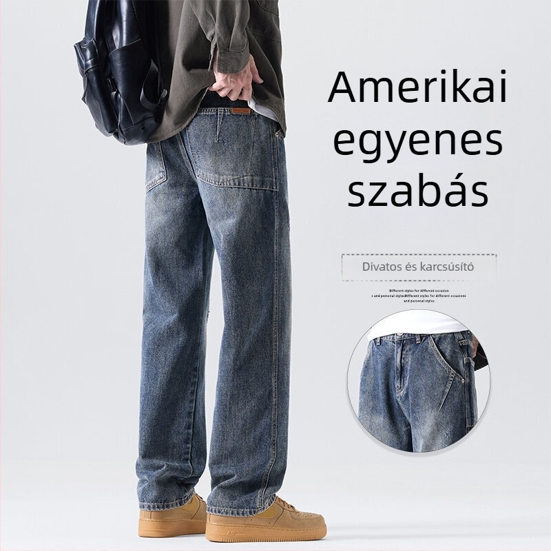 Férfiak számára szabad, széles lábú egyenes szabású farmer, amerikai retro stílus, optikailag karcsúsítja és hosszabbítja a siluettet, casual tavasszal-ősszel