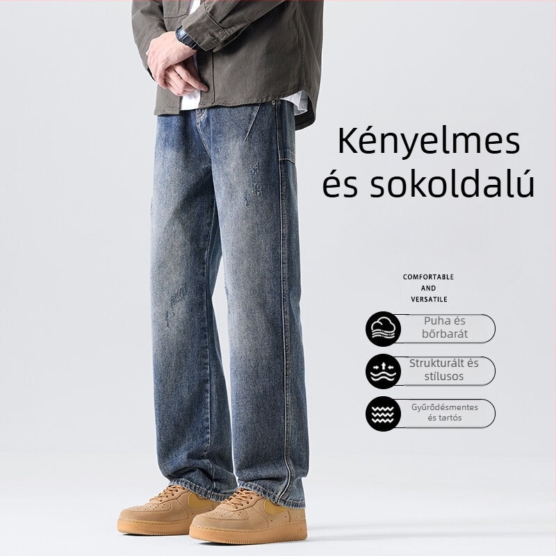 Férfiak számára szabad, széles lábú egyenes szabású farmer, amerikai retro stílus, optikailag karcsúsítja és hosszabbítja a siluettet, casual tavasszal-ősszel