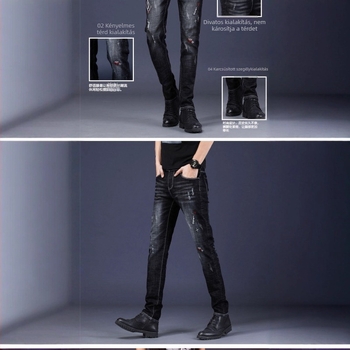 Férfi mosott denimnadrág, egyenes szabású, slim fit, koreai stílus, rugalmas, fekete
