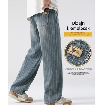 Férfi denim nadrág csillagmintával, laza egyenes szabás, mosott sávos felület, 2025-ös kollekció.
