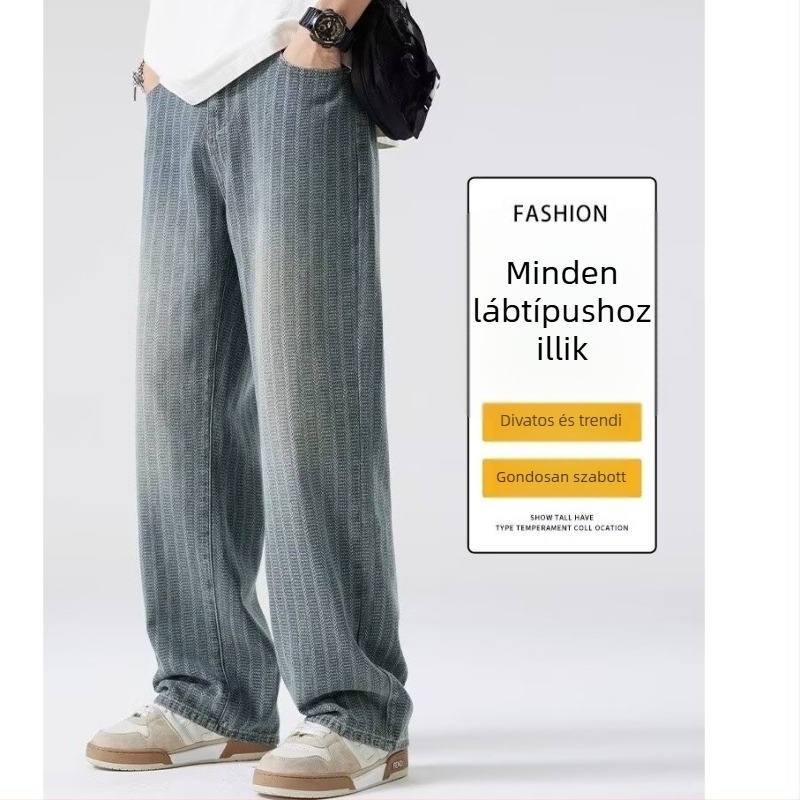 Férfi denim nadrág csillagmintával, laza egyenes szabás, mosott sávos felület, 2025-ös kollekció.