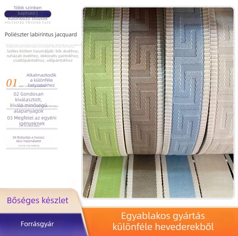 3,8 cm széles poliészter jacquard textilszalag egyszínű labirintus mintával, vállpántokhoz és táskákhoz