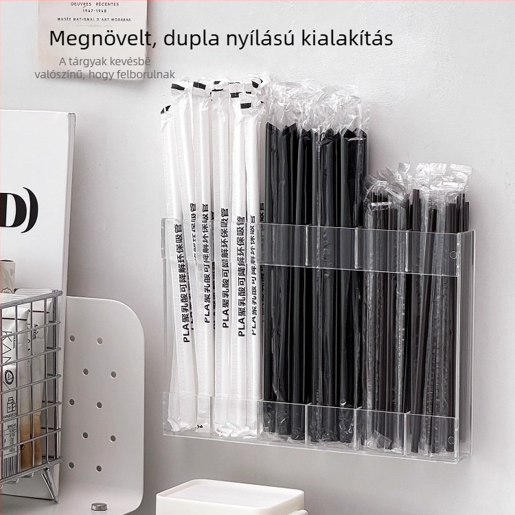 Falra szerelhető evőeszköz- és szívószál-tároló, fúrás nélkül, két szintes konyhai rendező