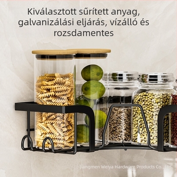 Falra szerelhető, háromszög alakú sarokpolc a konyhához – fúrás nélkül, akasztós kosárral és fűszerpolccal