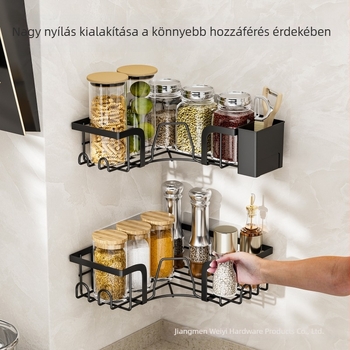 Falra szerelhető, háromszög alakú sarokpolc a konyhához – fúrás nélkül, akasztós kosárral és fűszerpolccal