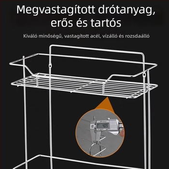 Rozsdamentes acélból készült kétszintes drót polc állvány állítható polcokkal, konyha- és fürdőszobai tároláshoz, fal- vagy padlóra szerelhető, méretek 280x150x380 mm
