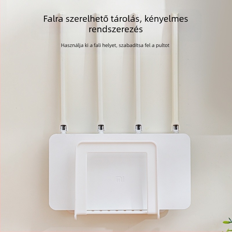 Minimalista falra szerelhető router szervező magasított védőperimmel, hely a set-top boxhoz és a tápegység elosztóhoz, többfunkciós otthoni polc