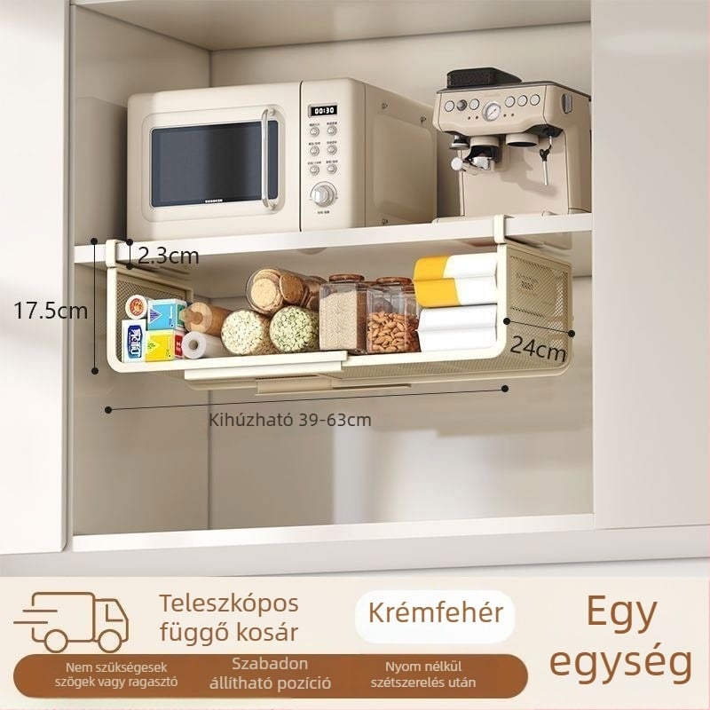 Kibővíthető, felakasztható konyhai szervezőállvány alsó vagy felső szekrénybe, rétegzett fűszertartó kosarakkal