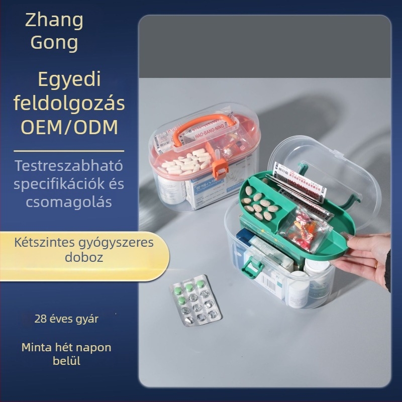 Zhang Gong testreszabott kreatív műanyag tároló doboz, kétszintes, hordozható gyógyszeres doboz, smink- és ékszerdoboz