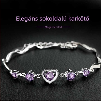 Ametiszt karkötő nőknek, szív alakú cirkónium kövek, természetes ékszer Koreai stílusban