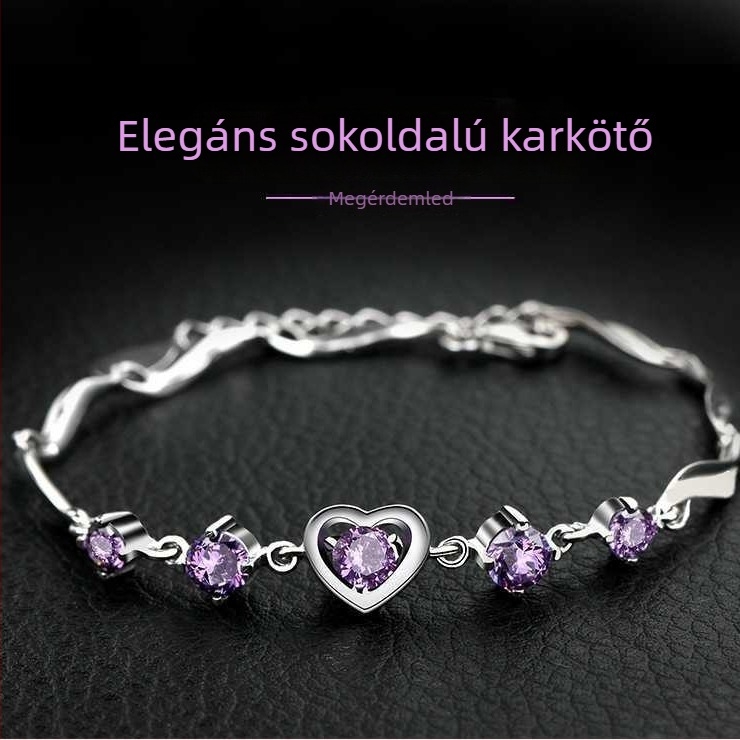 Ametiszt karkötő nőknek, szív alakú cirkónium kövek, természetes ékszer Koreai stílusban