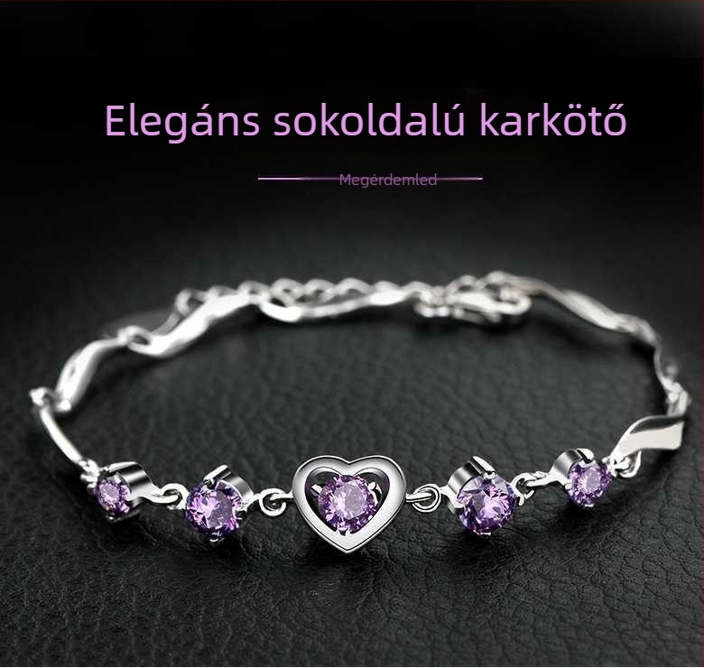 Ametiszt karkötő nőknek, szív alakú cirkónium kövek, természetes ékszer Koreai stílusban
