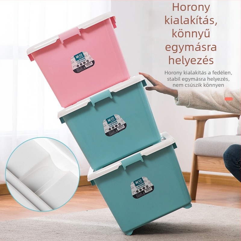 Camellia Nagy méretű műanyag tároló doboz fedővel ruhákhoz és játékokhoz, 80 L