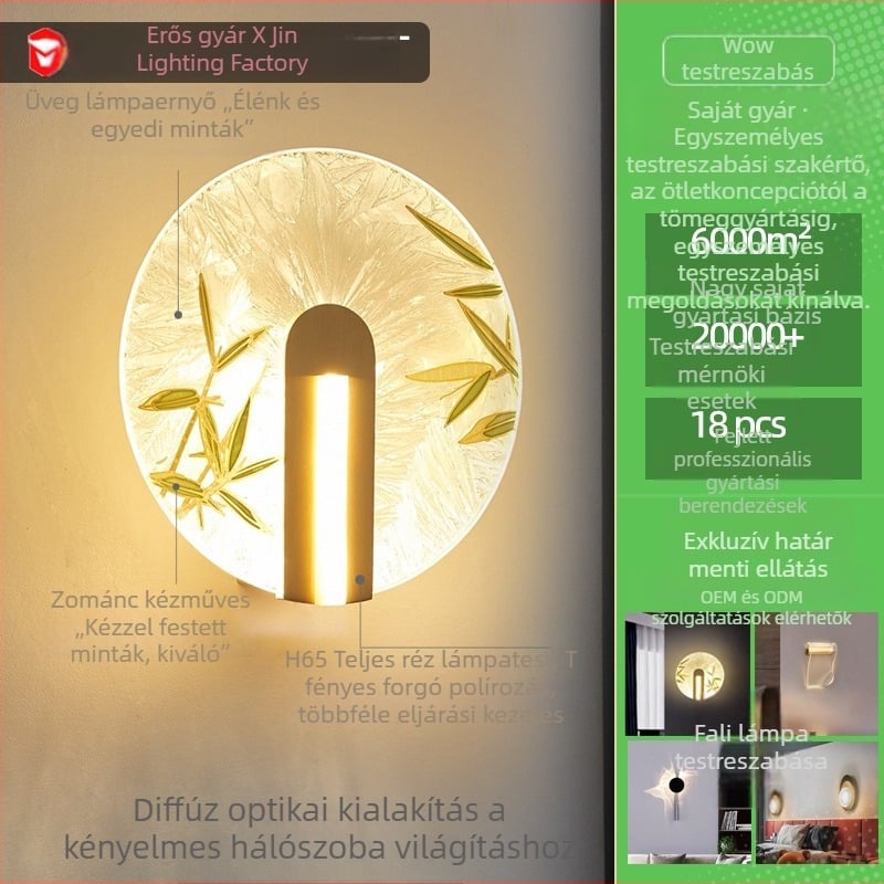 Teljes bronz falikar, új kínai stílusú zománcos üveg árnyékolóval, LED, nappali, hálószoba, lépcső és folyosó