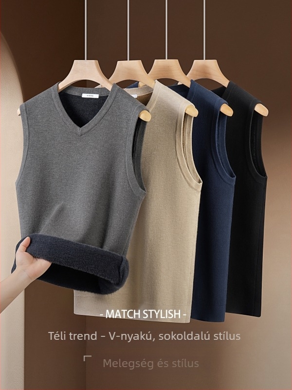 Férfi kötött mellény fleece-béléssel, meleg téli réteg, egyszínű, V-nyakú, karcsú szabás