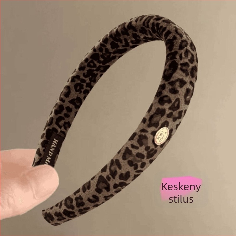 Shibuya-stílusú leopard mintás hajpánt arany címkével, nőies magas koronát idéző hajtű, retro utazási hajkiegészítő
