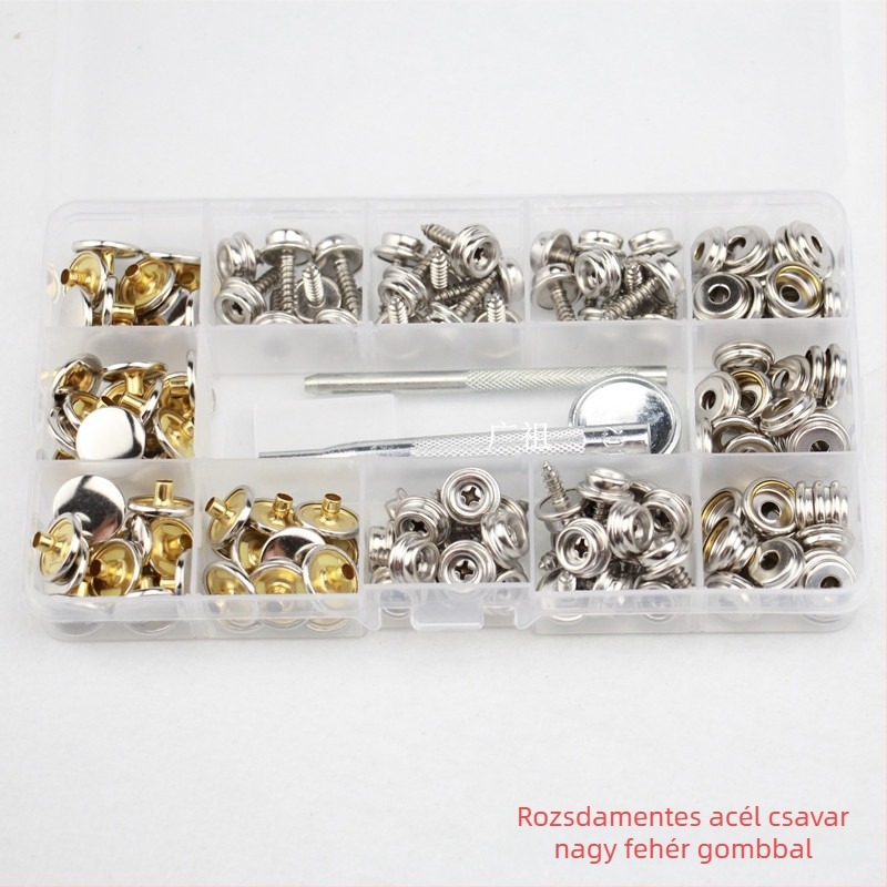 Rozsdamentes acél négypontos csatok készlet, 15 mm és 10 mm, dobozos csavarokkal, jacht ponyvákhoz