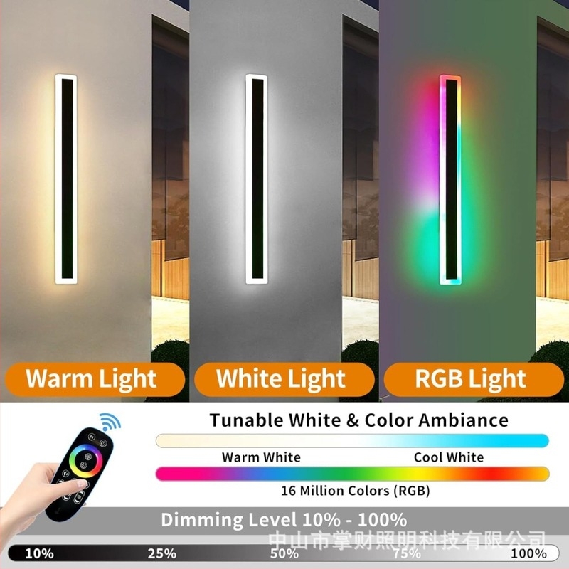 Kültéri hosszú LED falikar távirányítóval, vízálló, RGB-CW színek folyó fényhatások