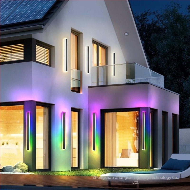 Kültéri hosszú LED falikar távirányítóval, vízálló, RGB-CW színek folyó fényhatások