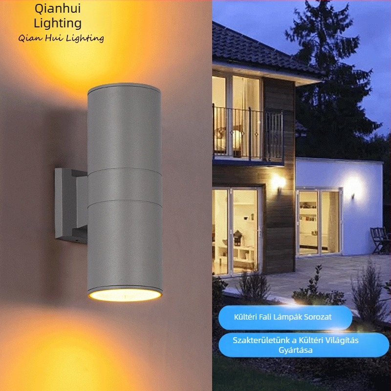 Egyedi LED falikar, modern minimalist design, felfelé és lefelé világítás, kör alakú fej, elérhető dupla vagy egyfejű változatban, kültéri falvilágítás.