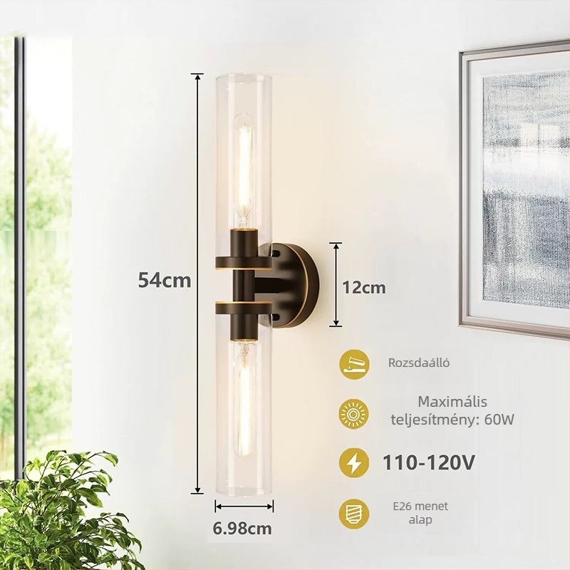 Falikar vezeték nélküli töltéssel, üveg árnyékolóval – modern minimalista stílus, nappali, folyosó és hálószoba
