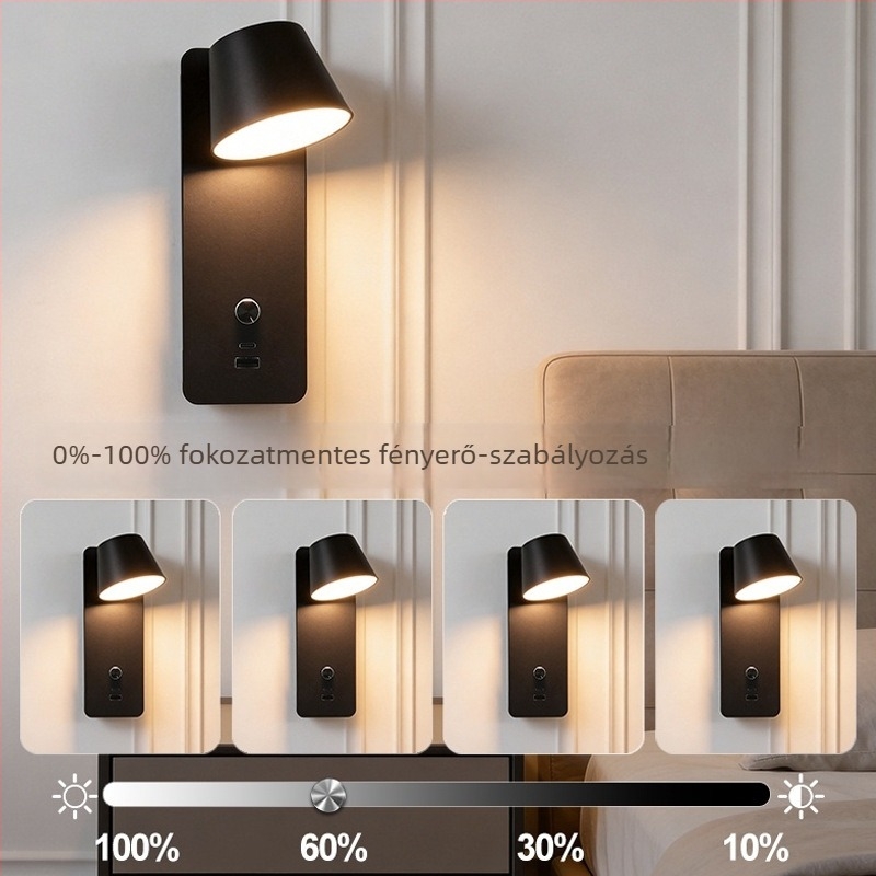 LED falikar USB töltéssel, tálca nélküli kivitel, lépésmentes fényerő-szabályozás, hálószoba, nappali és közlekedő számára