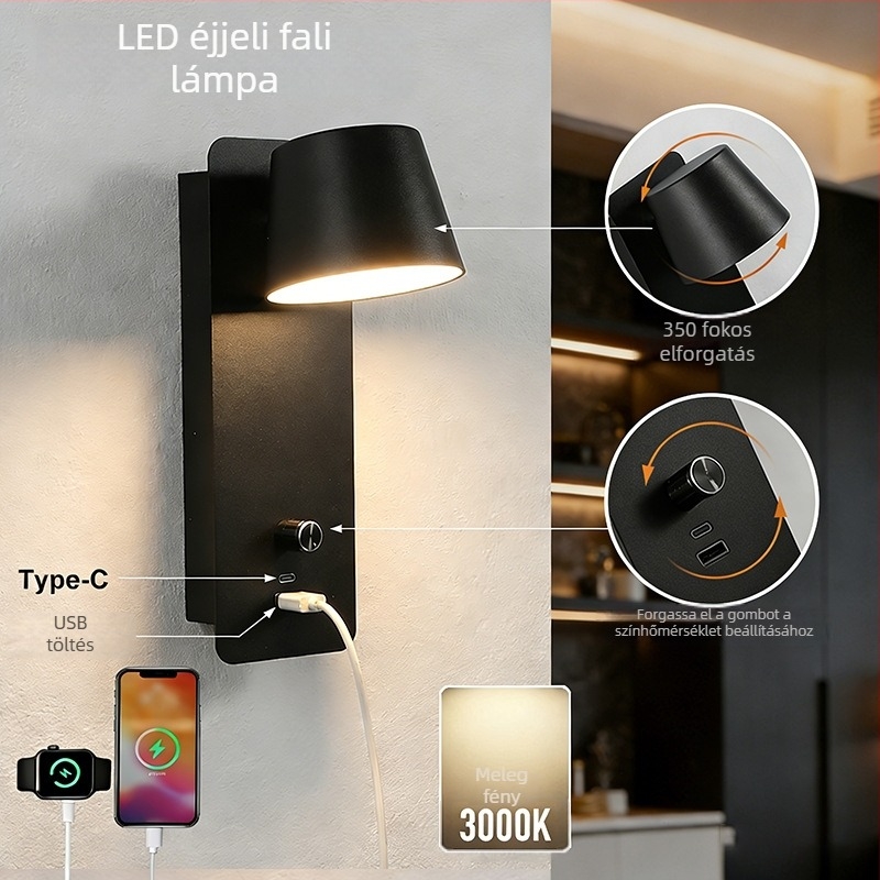 LED falikar USB töltéssel, tálca nélküli kivitel, lépésmentes fényerő-szabályozás, hálószoba, nappali és közlekedő számára