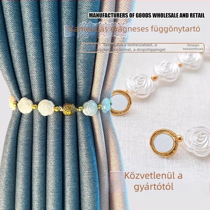 Róza virágos függönykötő mágneses zárással, elegáns áttetsző függönyökhöz