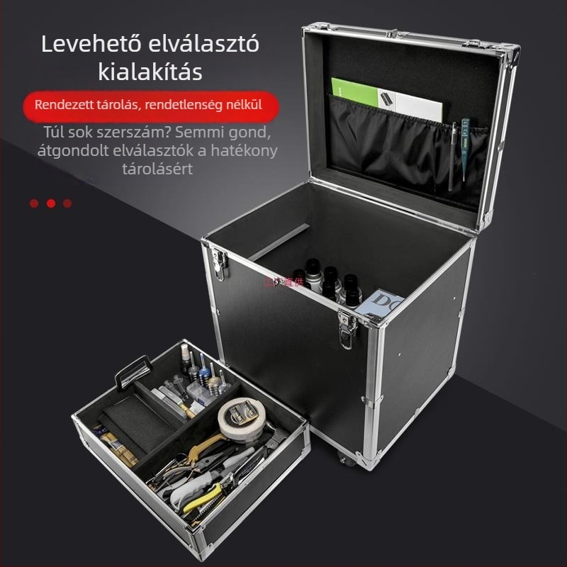 Nagy kapacitású, görgős szerszámtároló doboz húzókarral, többfunkciós karbantartáshoz