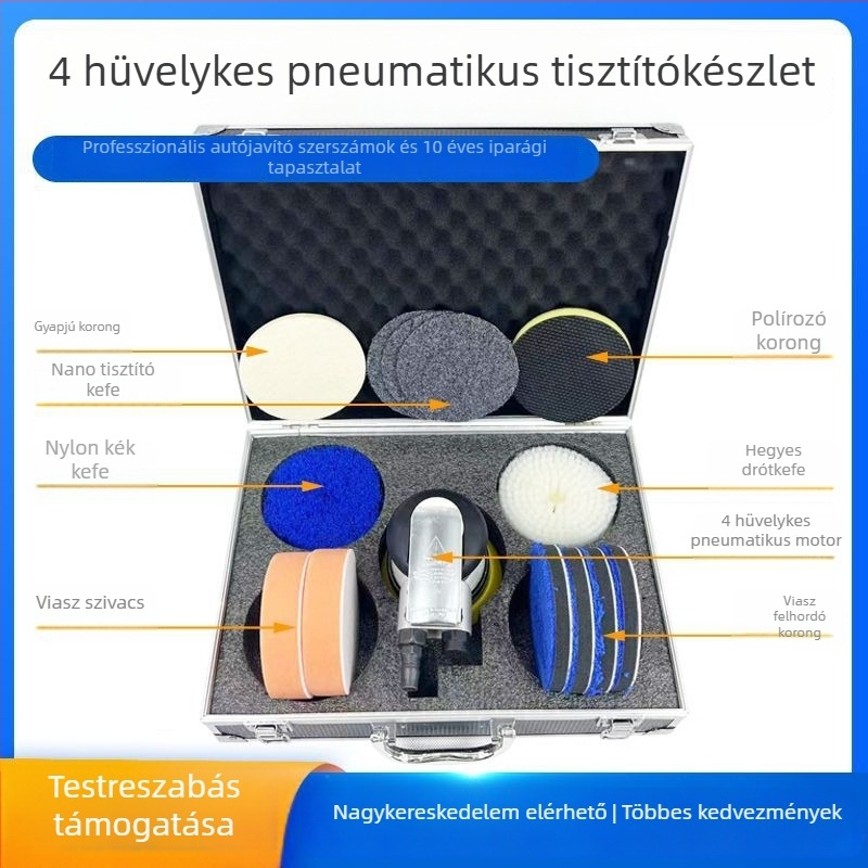 4 hüvelykes pneumatikus tisztítóeszközök készlete, alumínium ötvözetű szerszámtartó doboz belseje, nano tisztító lapok