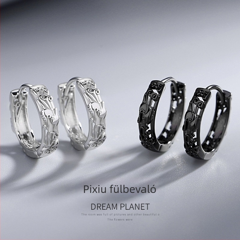 Pixiu férfi fülbevalók, S925 ezüst, modern uniszex fülbevalók