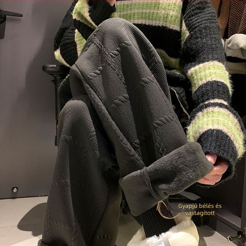Férfi téli sportnadrág, egyenes szabású, laza, fleece béléses, vastag anyagú, mindennapi hosszú nadrág