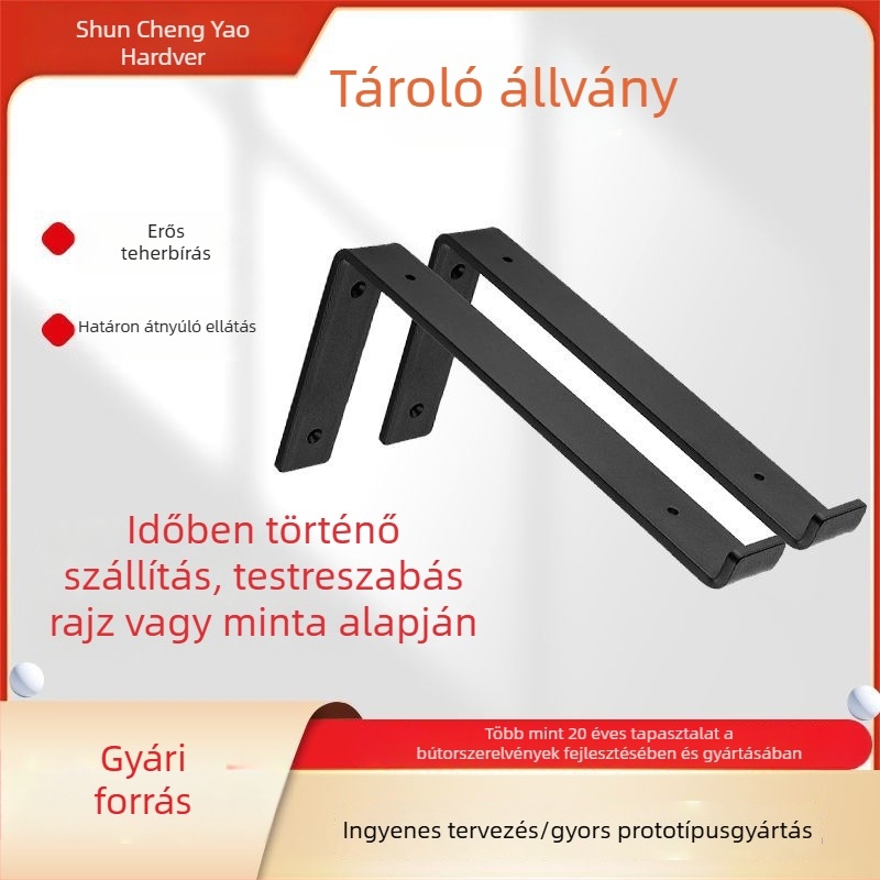 Fekete Z-alakú falra szerelhető polctartó, szénacélból