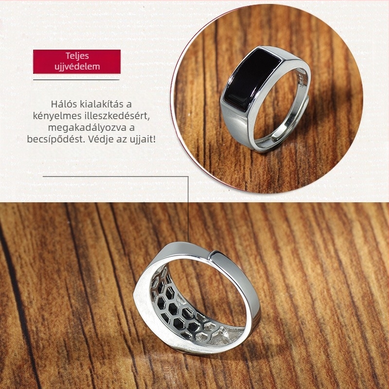 Fényűző fekete onix férfi gyűrű ezüstözött bevonattal, nyitható, állítható, minimalist stílusú, új modell
