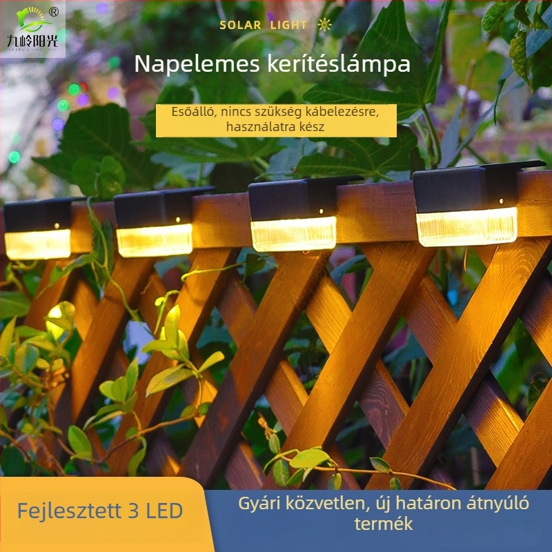 Fejlesztett napelemes lépcsőfény kültéren, kerthez, 3 LED, kerítéshez és korláthoz, dekoratív kis falikar