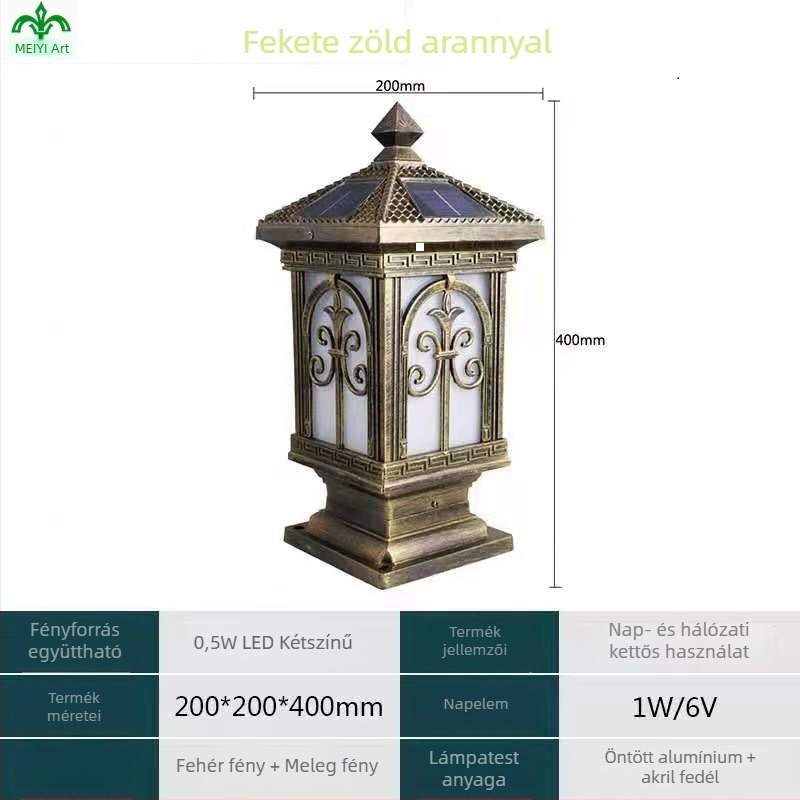 Kínai- és európai stílusú napelemes gyeplámpa, kültéri vízálló oszlopfejes lámpa és falikar
