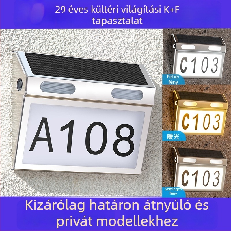 Napelemes házszám lámpa – külső falikar a bejárathoz és a garázshoz, vezeték nélküli LED kertvilágítás