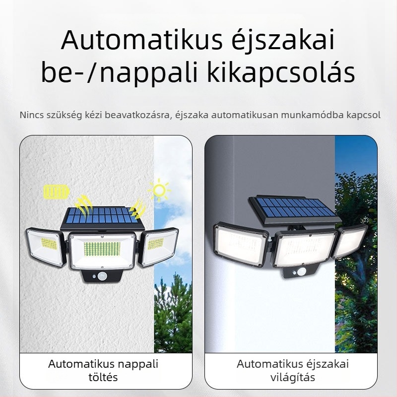 Háromfejű napelemes LED falikar mozgásérzékelővel, kültéri IP65