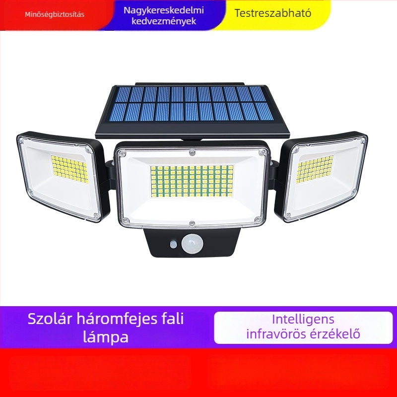 Háromfejű napelemes LED falikar mozgásérzékelővel, kültéri IP65